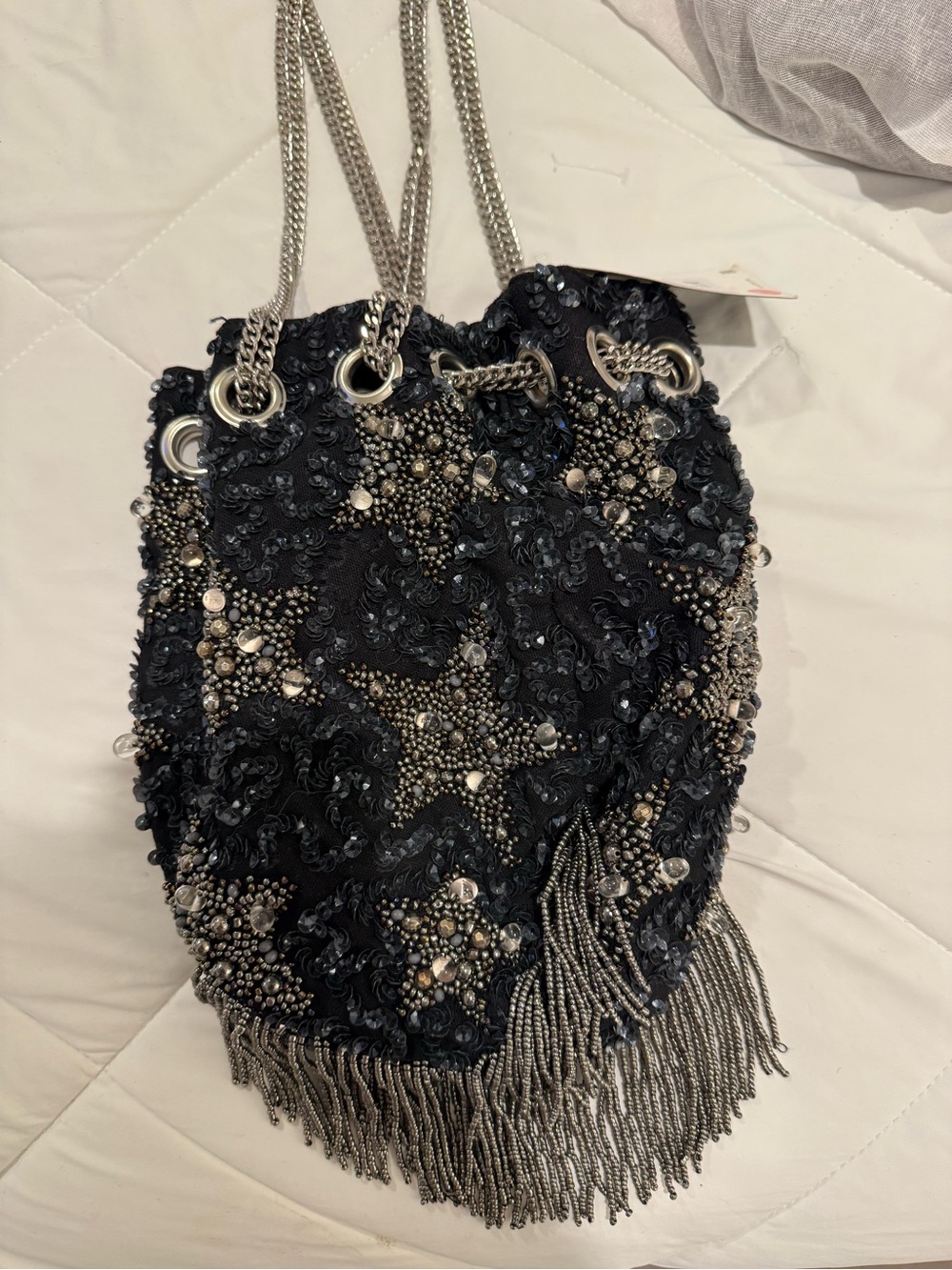 Embellished Black Beaded Fringe Women's Shoulder Bag